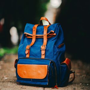 an orange an blue backpack