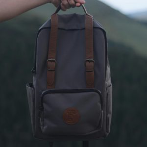 a gray and brown backpack with a logo