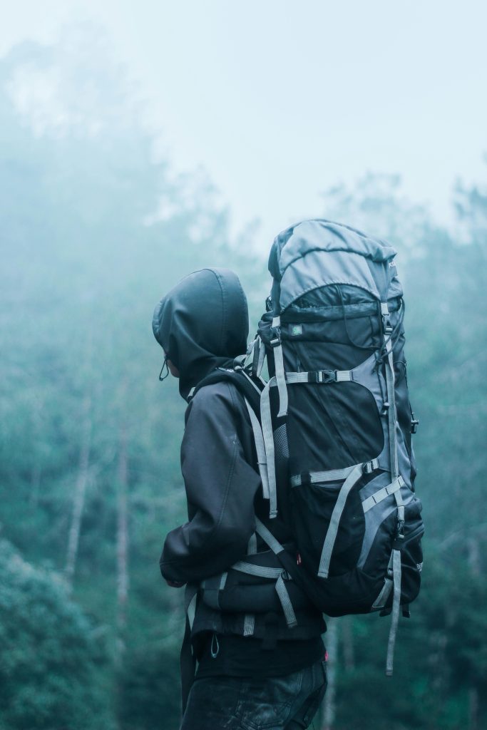 a grayscale image of a large backpack